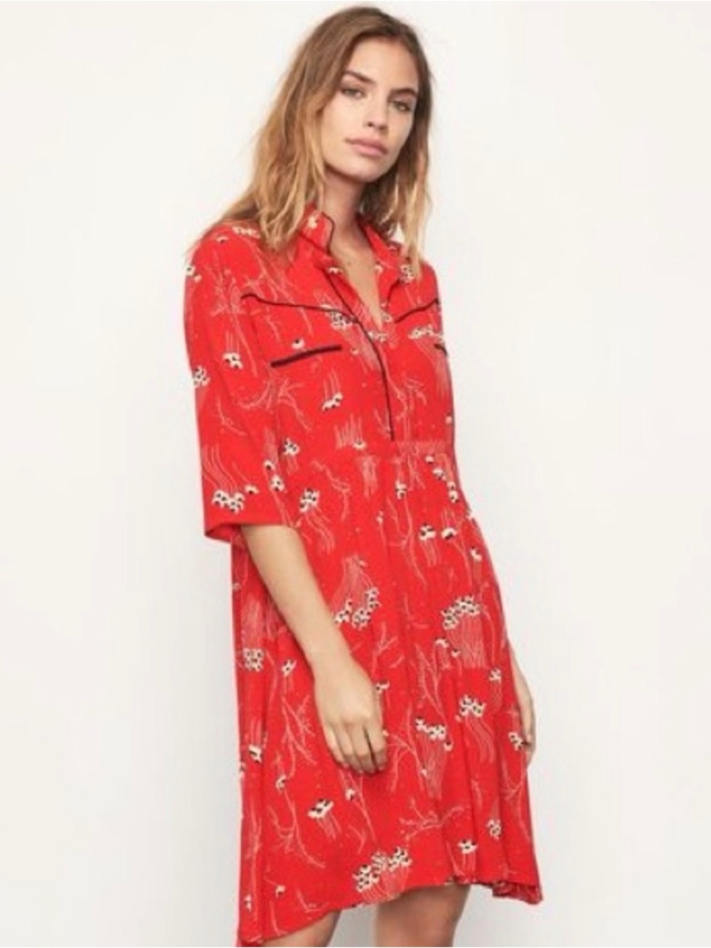BA&SH Kyle Red Floral Western Dress Sz 10 Romantic cottagecore European Summer